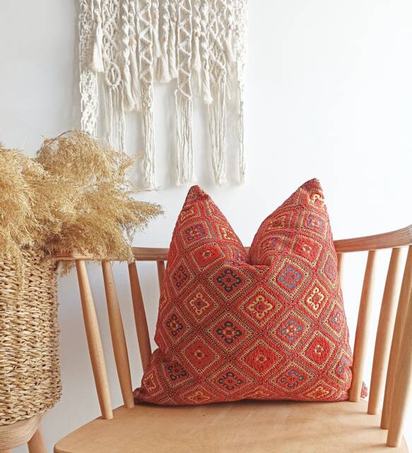 Red Chenille Kilim Pillow Cover, Turkish Woven Lumbar Throw - image 1