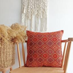 Red Chenille Kilim Pillow Cover, Turkish Woven Lumbar Throw - thumbnail 4
