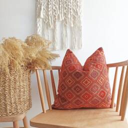 Red Chenille Kilim Pillow Cover, Turkish Woven Lumbar Throw - thumbnail 2