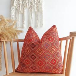 Red Chenille Kilim Pillow Cover, Turkish Woven Lumbar Throw - thumbnail 3