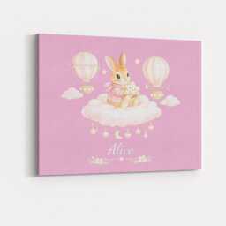 Personalised Pink Bunny Rabbit Stars Canvas Wall Art Custom Name & Colour Moon Star Nursery Decor Baby Girl Bedroom Keepsake Cute Gift - thumbnail 1