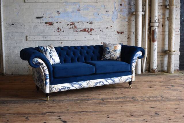 Handmade 3 Seater Navy Blue Velvet Fabric Chesterfield Sofa - Contrasting Chic Floral Pattern - image 1