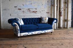 Handmade 3 Seater Navy Blue Velvet Fabric Chesterfield Sofa - Contrasting Chic Floral Pattern