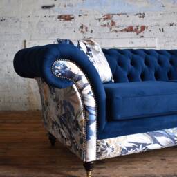 Handmade 3 Seater Navy Blue Velvet Fabric Chesterfield Sofa - Contrasting Chic Floral Pattern - thumbnail 4