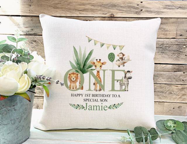 Personalised Safari 1st Birthday Cushion Linen Nursery Decor - image 1