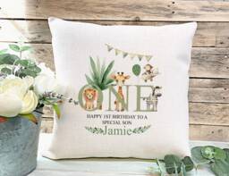 Personalised Safari 1st Birthday Cushion Linen Nursery Decor - thumbnail 1