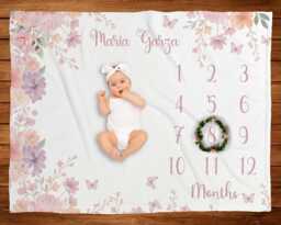 Mauve Butterfly Milestone Blanket Girl Blush Lavender Floral Baby Month Personalized Shower Nursery Gift With Marker New Mom - thumbnail 1