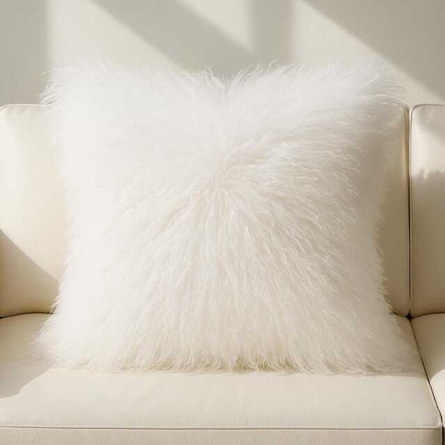 Large Mongolian Sheepskin Fur Cushion White 60 X cm - 24X24 In - image 1