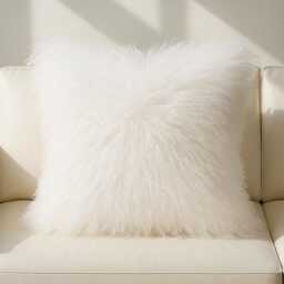 Large Mongolian Sheepskin Fur Cushion White 60 X cm - 24X24 In - thumbnail 1