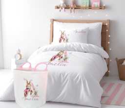 Personalized Bunny Girl Duvet Cover Set, Custom Name Pink Initial Kids Bedding - thumbnail 1