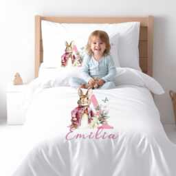 Personalized Bunny Girl Duvet Cover Set, Custom Name Pink Initial Kids Bedding - thumbnail 2