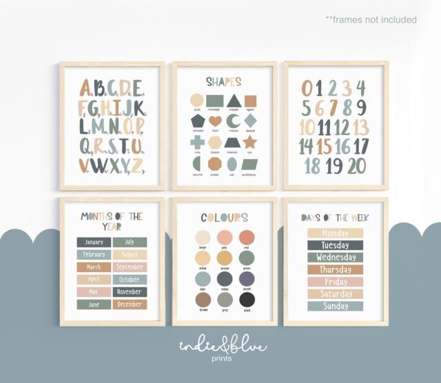 Set Of 6 Educational Prints in Blue Green, Alphabet & Numbers Prints, Classroom Playroom Decor, Kids Wall Art - image 1