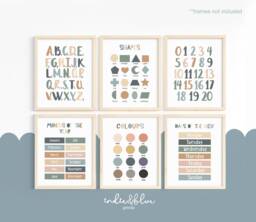Set Of 6 Educational Prints in Blue Green, Alphabet & Numbers Prints, Classroom Playroom Decor, Kids Wall Art - thumbnail 1