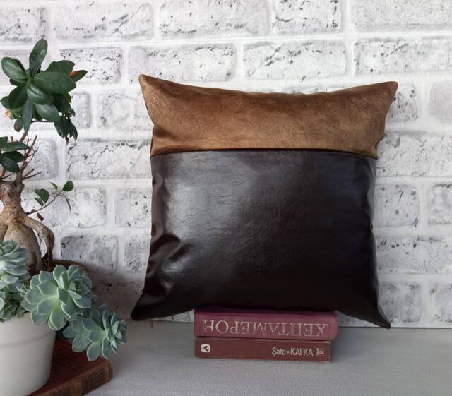 Dark Brown Vegan Leather & Velvet Pillow Cover Modern Home Decor - image 1