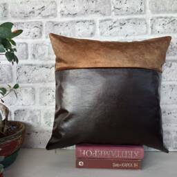 Dark Brown Vegan Leather & Velvet Pillow Cover Modern Home Decor - thumbnail 2