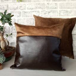 Dark Brown Vegan Leather & Velvet Pillow Cover Modern Home Decor - thumbnail 3