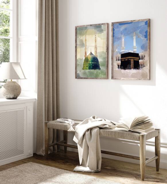 Set Of 2 Holy Mosques Abstract Watercolour Islamic Wall Art Prints Masjid Nabwi & Al Haram - image 1