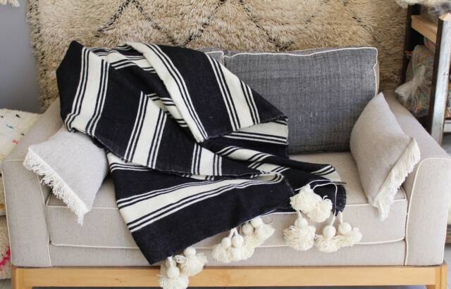 Moroccan Pom Blanket & Throw, Bohemian Blanket, Berber Wool Hand Woven Bed Spread, Cover, Ivory & Black - image 1
