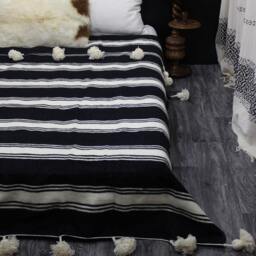Moroccan Pom Blanket & Throw, Bohemian Blanket, Berber Wool Hand Woven Bed Spread, Cover, Ivory & Black - thumbnail 3