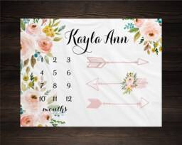Arrows Milestone Blanket Month Growth Tracker Custom Personalized Baby Shower Gift Watercolor Floral Newborn Girl Tribal