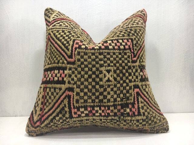 Vintage Turkish Kilim Pillow Cover, Handwoven Linen Cushion, 16x16 - image 1