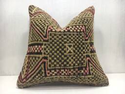Vintage Turkish Kilim Pillow Cover, Handwoven Linen Cushion, 16x16 - thumbnail 1
