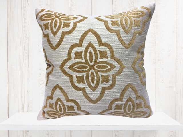 Chenille Medallion Pillow Cover, Gold & Ivory Geometric Pillow, Farmhouse Deco, Throw - image 1