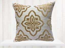 Chenille Medallion Pillow Cover, Gold & Ivory Geometric Pillow, Farmhouse Deco, Throw - thumbnail 1