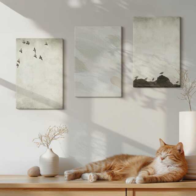 Canvas Art Set Of 3 - Birds, Rocks, & Brush Strokes Minimalist Decorations, Creamy Print On Canvas, Natural Textures Wall Decor - image 1