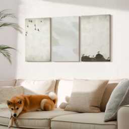Canvas Art Set Of 3 - Birds, Rocks, & Brush Strokes Minimalist Decorations, Creamy Print On Canvas, Natural Textures Wall Decor - thumbnail 2