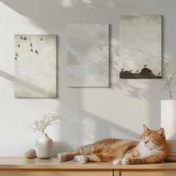Canvas Art Set Of 3 - Birds, Rocks, & Brush Strokes Minimalist Decorations, Creamy Print On Canvas, Natural Textures Wall Decor - thumbnail 1
