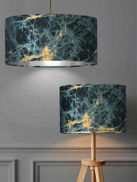 New Luxury Velvet Teal Upholstery Golden Foil Marble Effect Lamp Shade & Pendant Light With Metallic Panels Lining - image 1