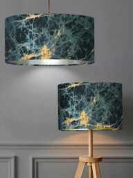 New Luxury Velvet Teal Upholstery Golden Foil Marble Effect Lamp Shade & Pendant Light With Metallic Panels Lining