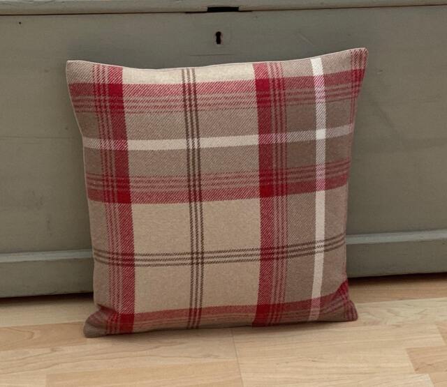 Balmoral Handmade Tartan Plaid Pillow Cover Cranberry Red Tweed, 24 - image 1