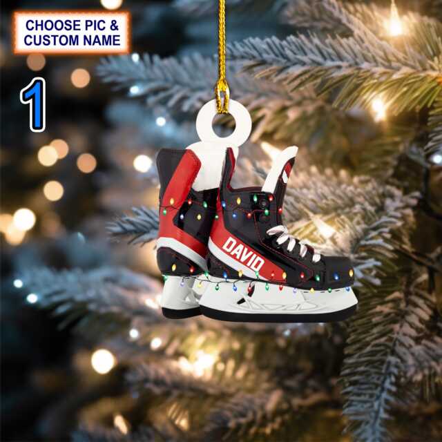 Custom Name Ice Hockey Skates Christmas Ornament, Tree Hanging Decor, Flat 2D Ornament Acrylic/ Wooden Gift For Lovers - image 1