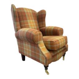 Balmoral Spice Tartan Wingback Fireside Chair Solid Wood Legs