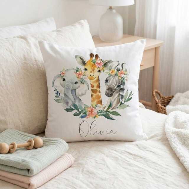 Personalised Safari Nursery Cushion Cover, Jungle Animal Watercolour Elephant Giraffe Pillow Decor - image 1