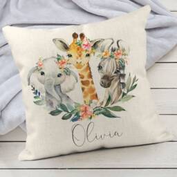 Personalised Safari Nursery Cushion Cover, Jungle Animal Watercolour Elephant Giraffe Pillow Decor - thumbnail 2