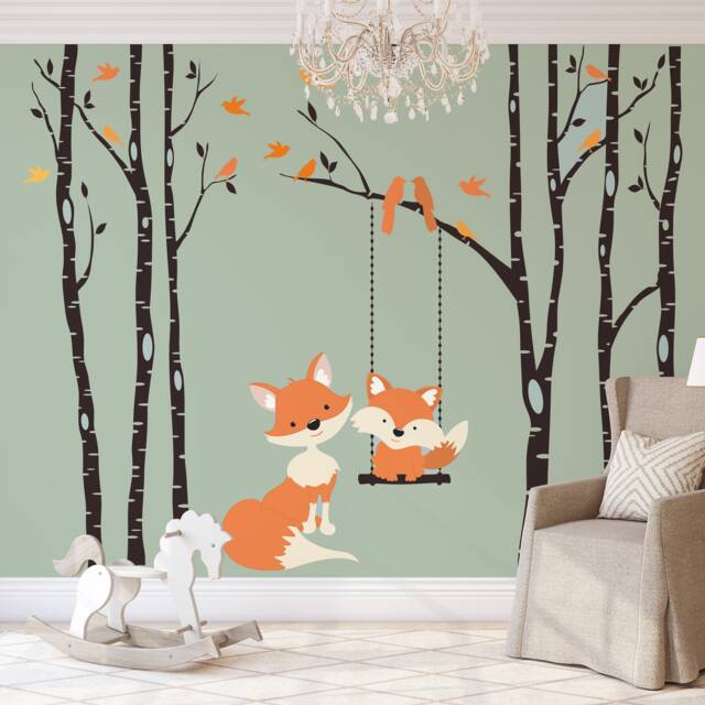 Woodland Nursery Wall Decal 6 Birch Trees Decor Baby Fox Swinging From Branch Forest Bedroom - image 1