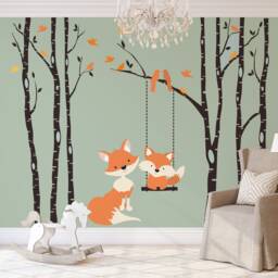 Woodland Nursery Wall Decal 6 Birch Trees Decor Baby Fox Swinging From Branch Forest Bedroom - thumbnail 1