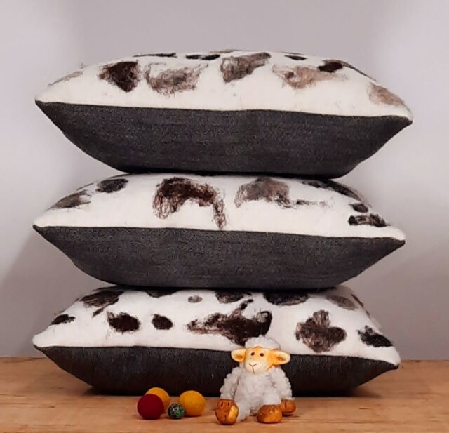 Black & White Needle Felted Wool Cushion With Grey Wool Fabric Reverse - image 1