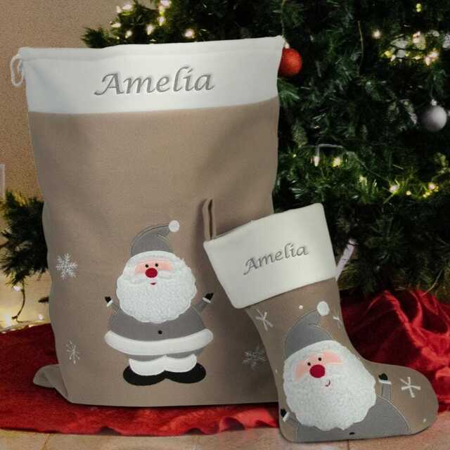 Personalised Christmas Sack & Stocking Set Embroidered Silver Grey Santa Large Xmas Present Gift Decorations Traditional - image 1