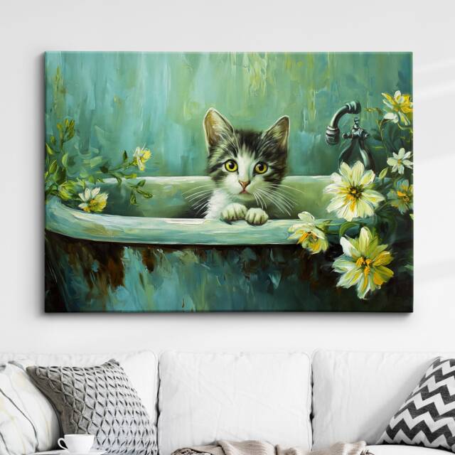 Cat Bath Tub Kitten Pet Bathroom Oil Painting Framed Poster Print Or Canvas Wall Decor Art Bedroom Home Interior Gift For Lover - image 1