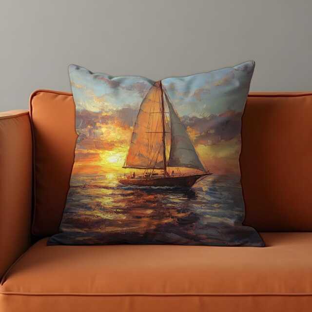 Sunset Sailing Cushion Cover, Romantic Ocean Throw Pillow Painted Sailboat Case, Nautical Coastal Decor - image 1
