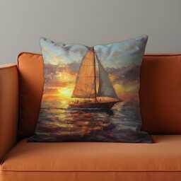 Sunset Sailing Cushion Cover, Romantic Ocean Throw Pillow Painted Sailboat Case, Nautical Coastal Decor - thumbnail 1