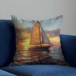 Sunset Sailing Cushion Cover, Romantic Ocean Throw Pillow Painted Sailboat Case, Nautical Coastal Decor - thumbnail 3