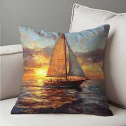 Sunset Sailing Cushion Cover, Romantic Ocean Throw Pillow Painted Sailboat Case, Nautical Coastal Decor - thumbnail 4