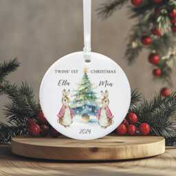 Peter Rabbit Twins First Christmas Personalised Tree Decoration - Holiday Ornament Keepsake Bauble New Baby Custom Xmas Gift - thumbnail 3