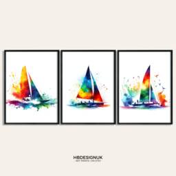 Sailing Poster Print Set - Of 3 Posters - Sailor Gifts Watercolour Painting Boat Gift Boating Wall Artwork Decor - thumbnail 1