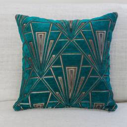 "Art Deco Cushion. Luxury Velvet Chenille. Silver & Teal Blue. 17""x17"